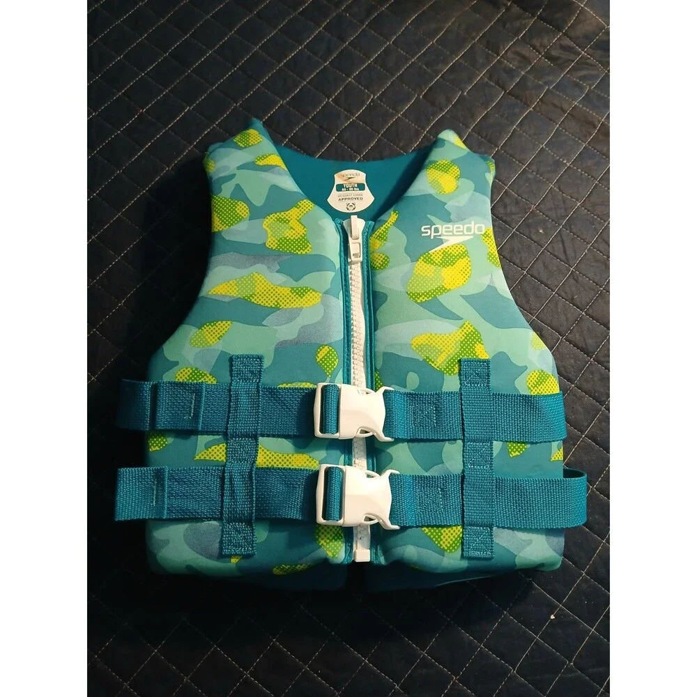Speedo Youth Life Jacket / Ski & Wake Board Vest 50-90lbs Green Aqua Yellow Blue